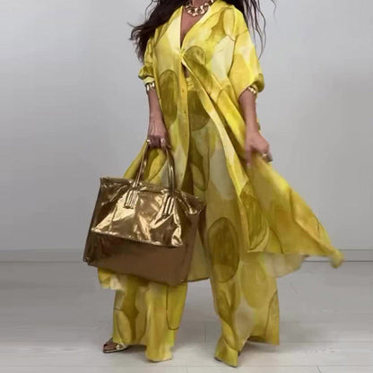 🌤️🌤️Fashionable 2-piece set with print: long-sleeved blouse and wide-leg trousers