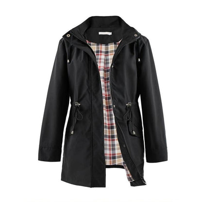 Long Hooded Drawstring Waist-Cinching Zipper Windbreaker